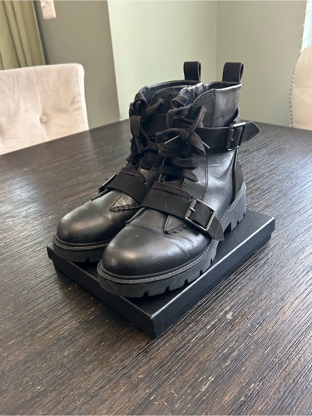 UGG Black Leather Lug-Soled Combat Boots with Buckle Straps